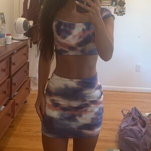 Black Bead Set: Tie Dye Red White Blue Top & Skirt. Small